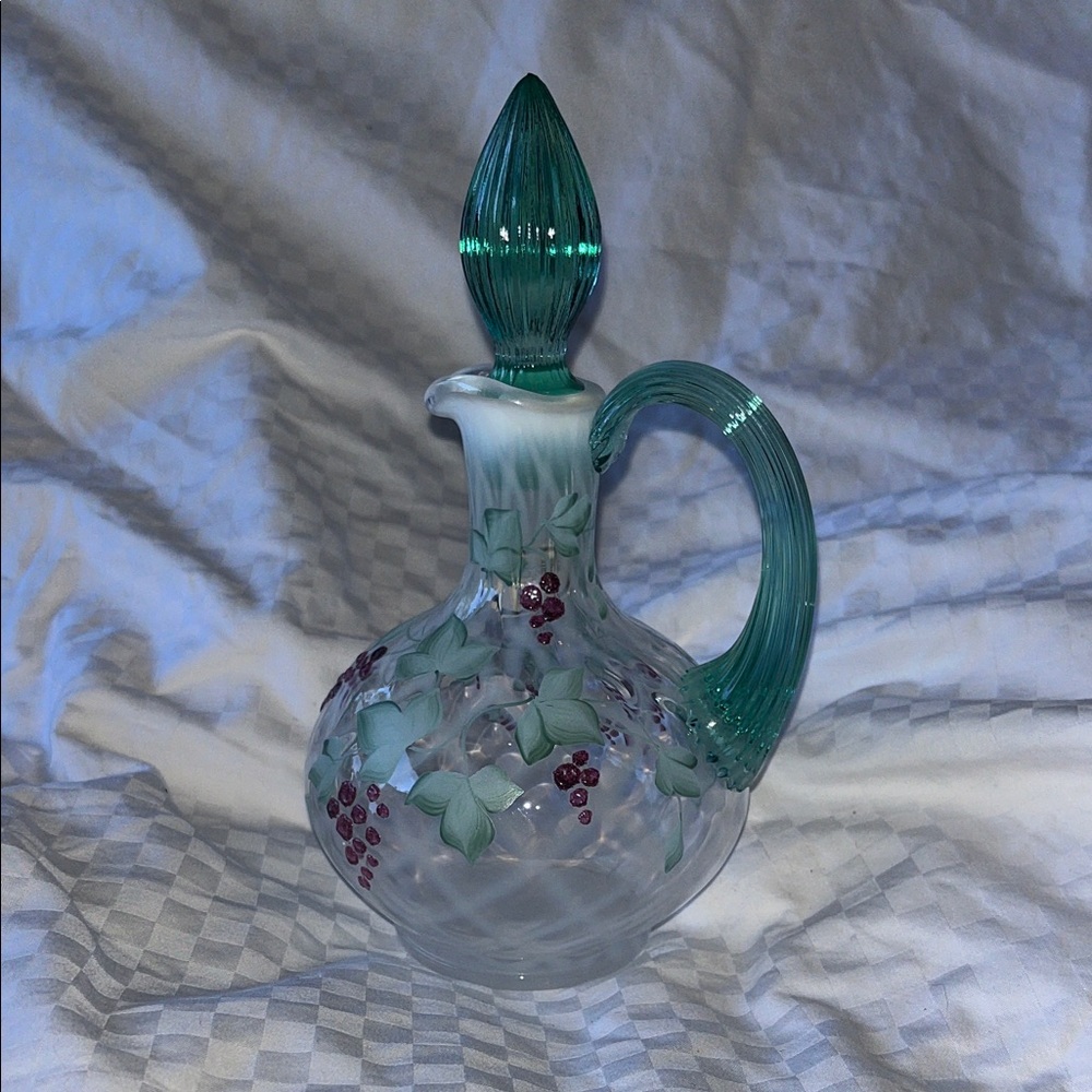 Fenton Glass Art Vase with Teal and Red Accents